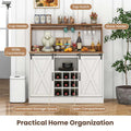 Farmhouse Coffee Bar Cabinet with Charging Station, 2 Sliding Barn Doors, 9-Bottle Wine Rack & Glass Holder, Kitchen Buffet Sideboard with Hutch