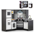 Corner Wooden Kids Kitchen Playset, Little Chef Pretend Toy Kitchen Set w/ Microwave, Range Hood, Washing Basin, Lights & Sounds for Toddlers