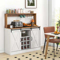 Farmhouse Coffee Bar Cabinet with Charging Station, 2 Sliding Barn Doors, 9-Bottle Wine Rack & Glass Holder, Kitchen Buffet Sideboard with Hutch