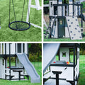 Canyon Creek Cedar Wood Swing Set with Wave Slide, Clubhouse, Play Kitchen, Picnic Area, Belt Swings, Web Swing, Rock Wall, Balconies, Playhouse, Step Ladder, Outdoor Playset