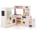 Corner Kids Kitchen Playset with Trash Can, Real Lights & Sounds, 2-Door Fridge, 22 Accessories, Wooden Pretend Play Kitchen for Toddlers 3+